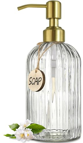 JASAI 18Oz Glass Soap Dispenser with Golden Pump for Kitchen,Refillable Liquid Hand soap Dispenser with Vertical Stripe, Clear Soap Dispenser Bathroom for Hand soap, Dish Soap, Lotion