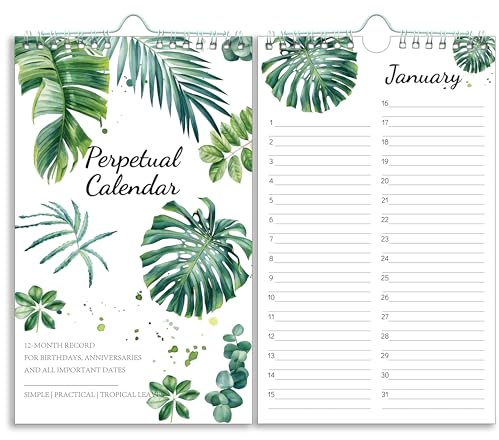 Perpetual Calendar – Undated Calendar 12-Month for Birthday, Anniversaries, Important Days, Festivals Reminder, 6’’ x 10’’ with 2 Lines Per Days, Twin-wire Binding, Thicker Paper, Tropical Green Leaf