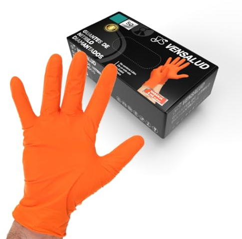 VENSALUD Lot de 50 gants jetables en nitrile - Extra résistant - Sans poudre - Résistants - Pour mécanique, atelier, jardinage, cuisine, tatouage, vétérinaire, nettoyage - Sans latex - Orange - XL