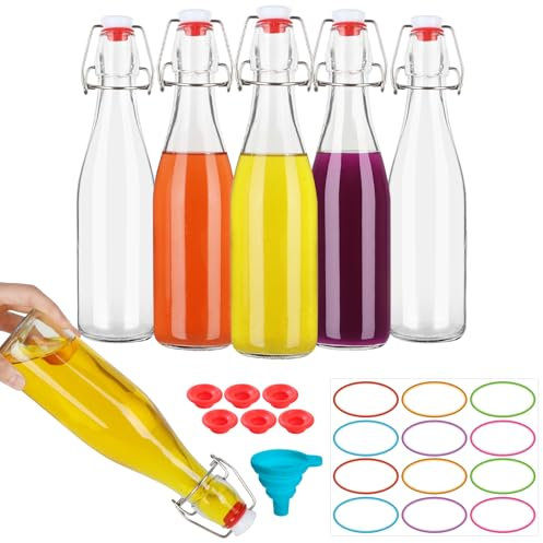 EkkoVla Lot de 6 bouteilles en verre de 355 ml avec bouchon basculant, bouteilles de brassage avec bouchon hermétique en caoutchouc pour kombucha, boissons, huile, bière, kéfir, vinaigre, vin