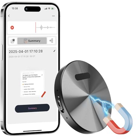 Registratore Vocale AI - Mini Registratori Vocali Digitali Professionale Magnetico con Trascrizione e Traduzione in Tempo Reale, App Controllata, Riduzione Rumore Compatibile con Android/iOS