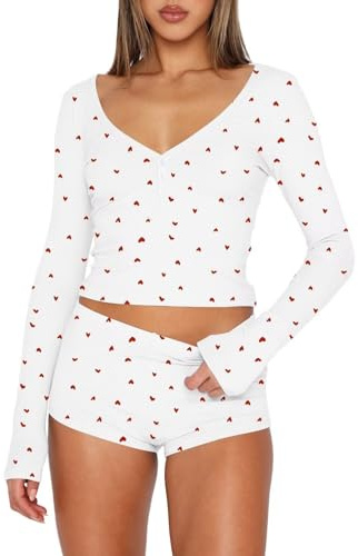 BONITEE Women Pyjamas Sets Long Sleeve Tops PJs Set Shorts Pajama Sleepwaer | Pajamas Set 2 Piece Sets Casual Long Sleeve Tops Lounge Outfit 2026 Fall PJ Shorts Cute Clothing Sets Nightwear