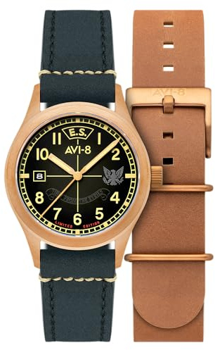 AVI-8 Men's 39mm Flyboy Eagle Squadron Automatic Bronze 85th Limited Edition Gravesend Watch with Leather Strap AV-4145-01