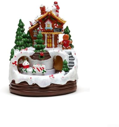 Maison de village de Noël avec train en mouvement et musique, ambiance chaleureuse et lumineuse, alimentée par 3 piles AAA ou connexion USB (A)