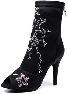 SWDZM Scarpe da Ballo Stivaletto Latino Americano Donna Punta Aperta con Tacco Alto Stivaletti da Sala Festa,Nero,Tacco 8.5cm,Gomma,46 EU