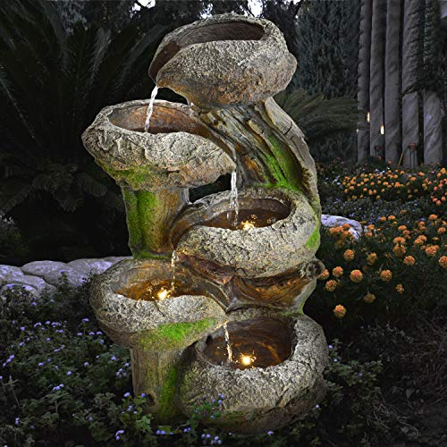 Gartenbrunnen Brunnen Zierbrunnen Zimmerbrunnen Springbrunnen Brunnen BAUMSTUMPF & STEINSCHALEN mit LED-Licht 230V Wasserfall Wasserspiel für Garten