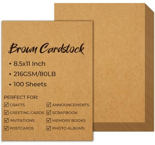 Ohuhu Brown Kraft Cardstock Thick Paper 100 Sheets - 8.5 x 11 Heavyweight 80 lb/216 gsm Card Stock for Crafts and DIY Card Making