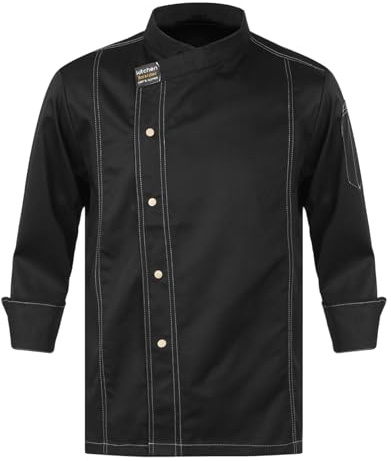 Runhomal Unisexe Veste de Chef Cuisinier Manches Longues Homme Femme avec Poche Blouse Cuisine Professionnel pour Hôtel Restaurant Bar Travail - Taille Petit Attention C Noir Manches Longues M