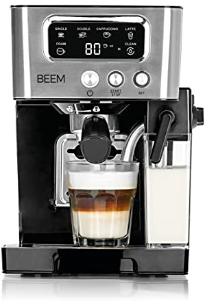 BEEM ESPRESSO-LATTE Siebträgermaschine -15 bar | Kaffeespezialitäten – wie vom Barista | Mit 0,4 L Milch- & 1,4 L Wassertank | Milchschaumkonsistenz individuell wählbar [Schwarz-Silber]