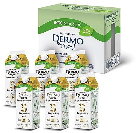 Dermomed, Eco-ricarica Sapone Liquido Mani Sensualità, Pelle liscia e seducente, Contiene Acido Ialuronico e Glicerina dalle Capacità Emollienti, Idratanti e Riparatrici del Derma. 6 Pezzi 900ml.