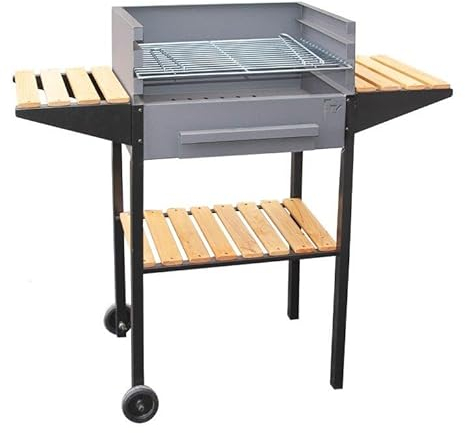 Flores Cortes - 33715 - Barbacoa Carbon y leña exterior Portatil con 2 Ruedas. 3 Alturas para la Pariila - Acabado En Madera