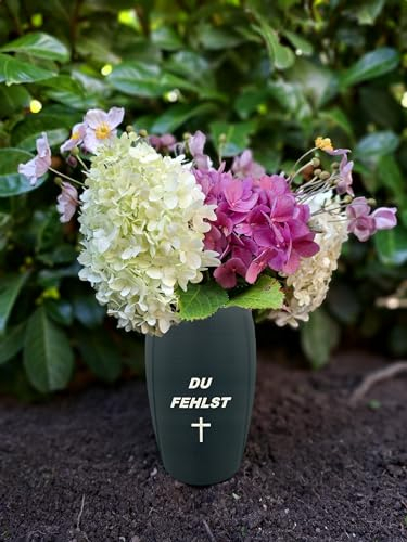 Grabvase mit Spruch Du Fehlst Grabdeko Steckvase Vase für Grab 25cm Blumenvase Kunststoff Trauerschmuck Friedhofsvase witterungsbeständige Grabvase Grabschmuck Friedhof