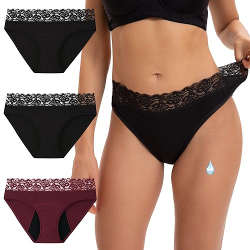 INNERSY Periodenunterschwäsche Damen Menstruation Slip Hohes Bein Period Panties Spitze 3er Pack (XL, 2 Schwarz/1 Dunkelrot)