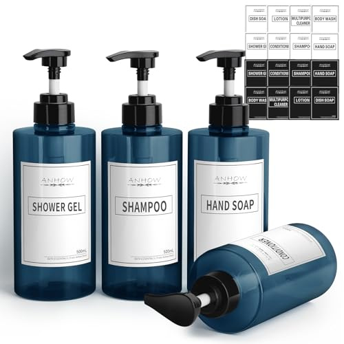 4 Pcs Dispensador de Botellas de Recargable, 500ml Dispensador Gel y Champu Ducha Contenedor de Loción con 16 Etiqueta Impermeable, para Baño, Hoteles - Azul