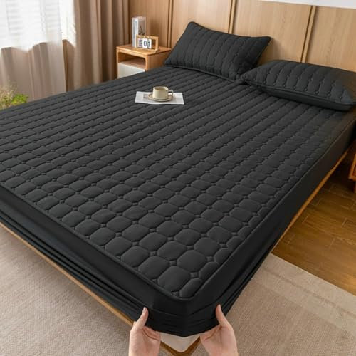 Baumwolle Polyester Spannbettlaken 90x200cm Wasserabweisend, Bettlaken Einfarbig Schwarz Spannleintuch Boxspringbett mit Karomuster bis 28cm Höhe