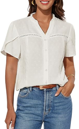 GRACE KARIN Women's Summer Henley Shirt V-Neck Button-Up Work Tunic Top Short Petal Sleeve Blouse
