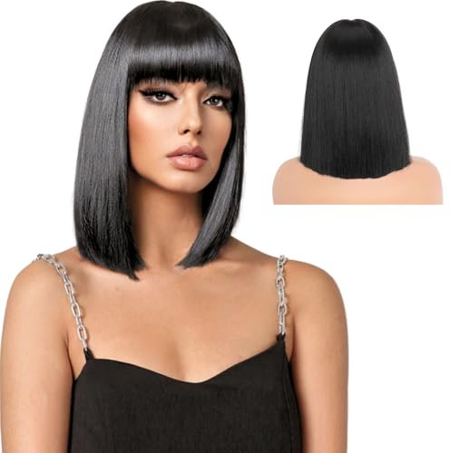KEYRI Parrucche Donna 12 Parrucche Breve Bob con frangetta Liscio Sintetico Fibre Nero Parrucca Shoulder Lunghi Capelli per Ragazza Costume Carnevale Cosplay Festa Quotidiana (nero)
