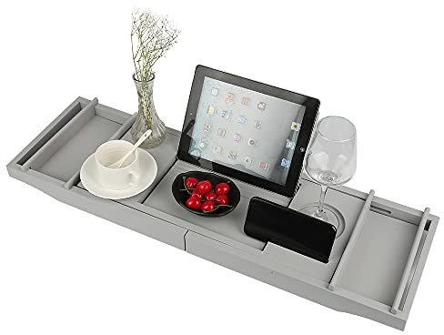 Étagère de Rangement Rétractable en Bambou pour Salle de Bain,Plateau de Bain en Bambou de Qualité Supérieure - Plateau de Baignoire,Verres à vin, Livres, téléphones Mobiles, tablettes, etc.