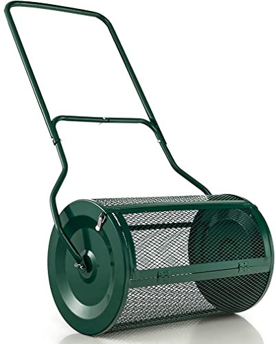 Esparcidor de turba, esparcidor de abono, esparcidor para césped y jardín, esparcidor de abono fertilizante, esparcidores de rodillos, esparcidor de semillas con canasta de malla metálica para el c
