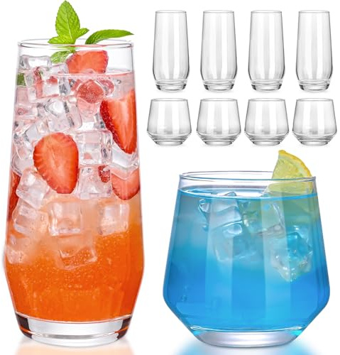 ZMOWIPDL Drinking Glasses Set of 8,Clear 13 oz & 18oz Crystal Glass Cups,Drinkware Glassware,Highball Water Tumbler,Short Stemless Wine Glasses，for Beer,Cocktail,Whiskey,Juice and Various Mixed Drinks