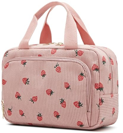 Funtlend Toiletry Bag for Women & Girls,Corduroy Makeup Bag with Compartments & Handle,Travel Wash Bag & Cosmetic Organiser for Skincare and Storage(Medium)