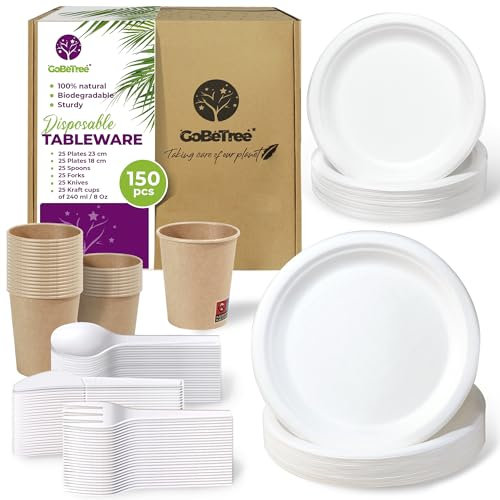 Vajilla desechable de 150 piezas, 25 platos caña de azúcar 23 cm, 25 platos desechables 18 cm, 75 cubiertos reutilizables y 25 vasos kraft 240 ml, para fiesta y barbacoas