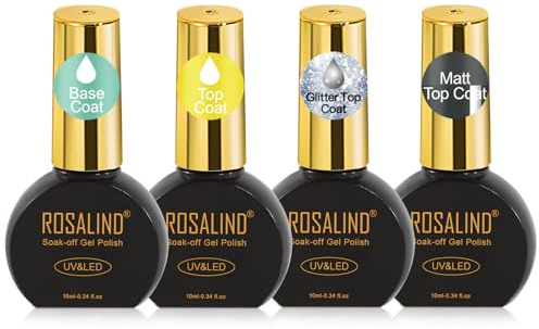 ROSALIND Base Top Coat halvpermanent lack och matt paljetter topplack | 4 st 10 ml baslack topplack set UV LED för nagellack gel nagelkonst manikyrset