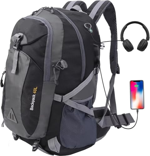 ROSSRORE 40L Hiking Backpack Walking Rucksack Water Resistant Outdoor Sport Knapsack Waterproof Lightweight Pack, Rucksack for Men & Women with Travel Camping Cycling(Black40L Bag 0.93lb)