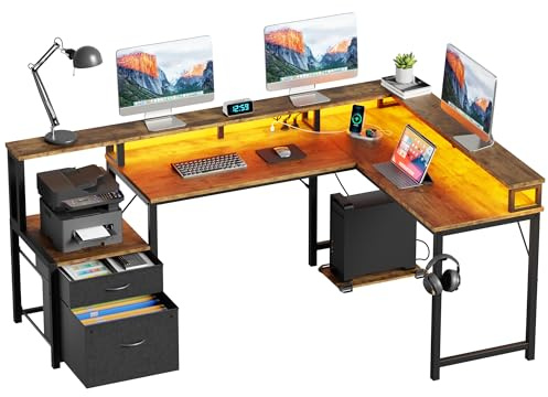 YOUDENOVA Scrivania angolare con cassetti, scrivania a forma di L, 168 x 100 cm, tavolo da gioco con scrivania per computer a LED, con presa di corrente e porta di ricarica USB, colore: marrone