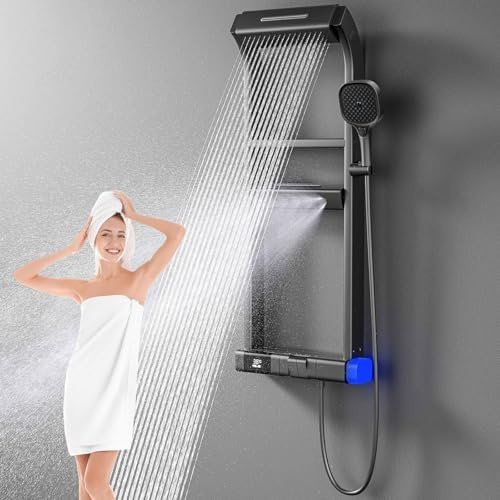 Termostatiskt duschsystem med 6-funktions handhållet duschhuvud, LED-temperaturvisning, väggmonterad duschpanel för badrum, hotell och spa