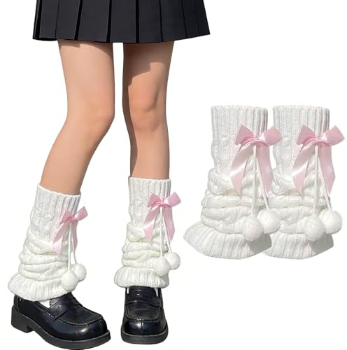 Harajuku Kawaii vita benvärmare | Rosa rosett Ankelvärmare | Moderiktig och mångsidig Ribbstickade benvärmare dam för kvinnor flickor