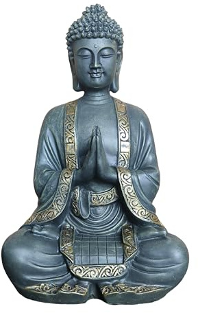 Relaxdays Figura Buda Rezando 38 cm, Estatua jardín Vintage Resistente a Intemperie y heladas, Bronce Dorado