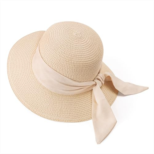 Qzakce Cappello da Sole Donna, Cappello da Sole in Paglia con Tesa Larga, Pieghevole Cappello da Spiaggia Protezione UV Cappelli di Paglia con Fiocco per Spiaggia, in Viaggio e in Vacanza, Beige
