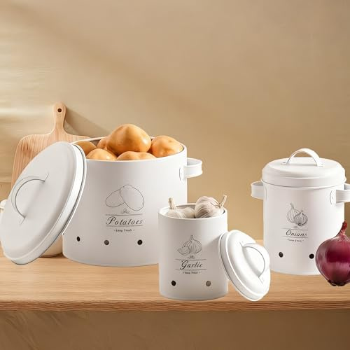 WDEC Lot de 3 Boite Pomme de Terre Rangement, Boite Oignon et Ail, Boite Pomme de Terre pour Cuisine, Pots de conservation Rangement en métal Conception aérée pour facile, Blanc