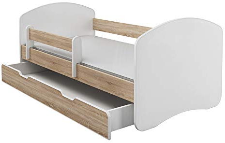 Cama infantil y juvenil Acma II con un cajón y colchón, color blanco gris roble Talla:160x80 cm + Schublade