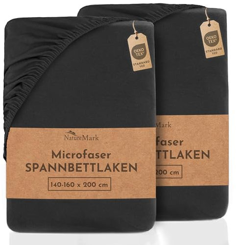 NatureMark Mikrofaser SPANNBETTLAKEN 2er Pack zum Sparpreis! viele Größen und Farben Markenware (Bettlaken 140 x 200 cm - 160 x 200 cm - Schwarz)