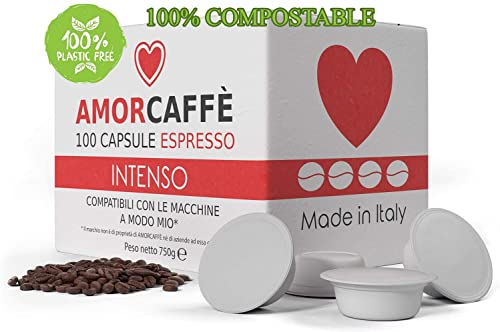 Amorcaffe 100 Compostable Compatible Coffee Capsules Pods for Lavazza A Modo Mio - Intenso taste - Plastic free