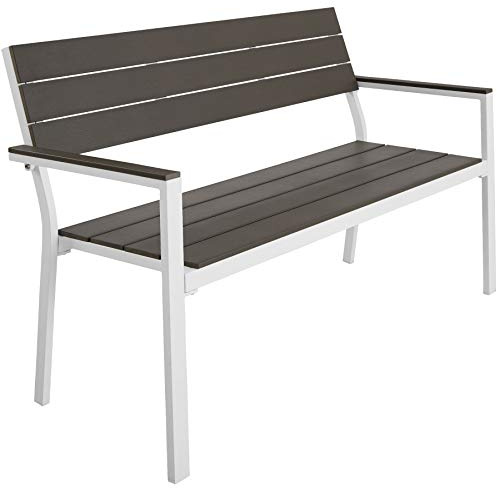 tectake® Panca da Giardino con Telaio in Alluminio, Comoda Panchina da Esterno 2 Posti, Panca con Schienale, Resistente agli Agenti Atmosferici, 128 x 59 x 88 cm - Grigio Chiaro/Bianco