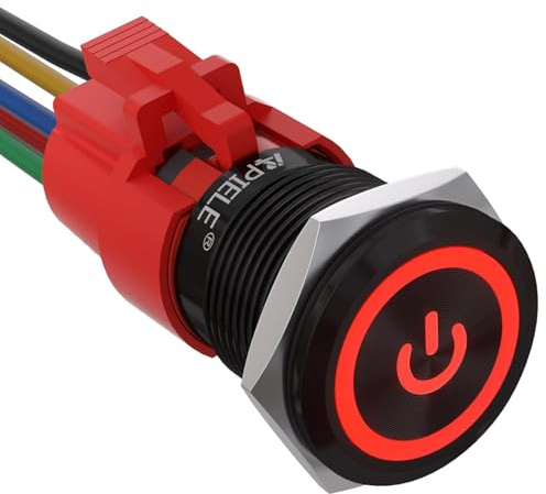 APIELE Interruttore a pressione da 19 mm, 12 VDC 5 A, in lega di alluminio con simbolo di alimentazione LED, impermeabile, interruttore a pulsante, per auto, camion, barca, camion/off (nero,
