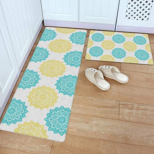 Advancey 2-teiliges Küchenteppich- und Fußmatten-Set, PVC-Leder, Bodenmatte, Mandala-Muster, Aqua-Gelb, Textur, Komfort-Bodenmatte, Teppich, wasserdicht, rutschfest, Stehschreibtisch-Set