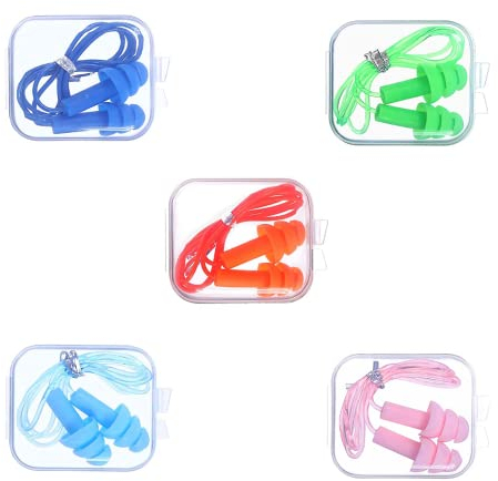 5 Paar Silikon Ohrstöpsel mit Schnur, Wiederverwendbare Ohrstöpsel, Wasserdichte Ohrstöpsel zum Schwimmen, Ohrstöpsel zum Schlafen, Geräuschreduzierende Ohrstöpsel, für Arbeit, Studium, Laute Orte