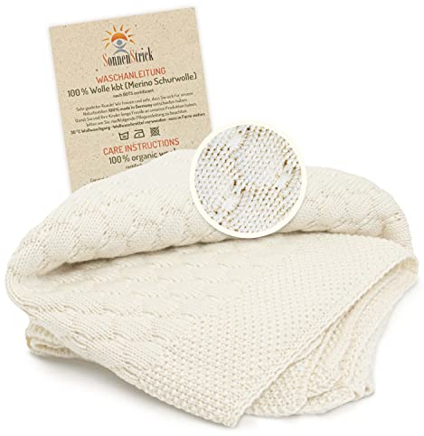 Sonnenstrick Babydecke-Merinowolle - Kuscheldecke, Schmusedecke und Schlafdecke - Schurwolle aus biologischer Tierhaltung - wärmende und weiche, kratzfreie Decke 90 x 90 cm (Natur)