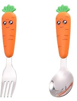 2 Pezzi Posate Bambini in Acciaio Inox, Set Posate Bambino-1 Forchetta Bambini e 1 Cucchiai Bambini per Bambino, Casa Scuola Uso(carota, Argento)