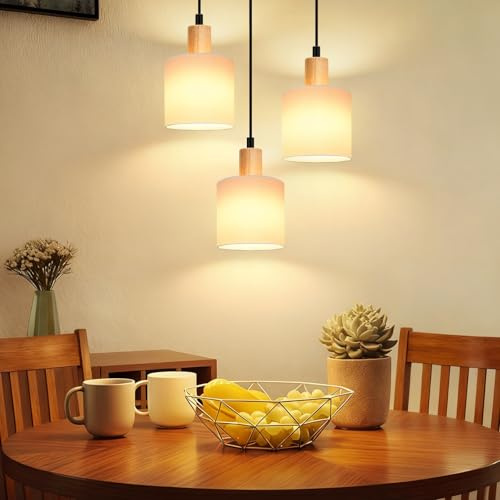 Glitzerlife Hängelempa Matsall Pendellampa 3 Ljuskällor Hänglampa Vintage | Vit Stoffskärm Trä E14 Rund Pendellampa Matsallampa För Matsal Restaurang Köks Arbetsrum