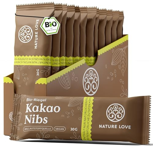 NATURE LOVE® Bio-Riegel Kakao Nibs – Vegan mit Bio Datteln, Mandeln und Kakaonibs – 12 x 30g Rohkostriegel – Ballaststoffquelle – Superfood