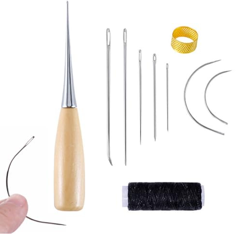 Leder Nähnadeln Set, Ledernadel Leder Werkzeug Set, 10 Stück Leder Hand Nähen Nadeln, Ledernadeln Hand Werkzeug Set, Mit Bohr-Ahle Gewachstem Faden Hand-Nähnadeln Und Fingerhut