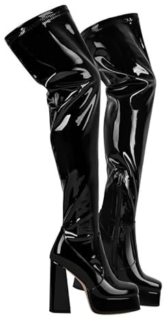 VERISSON Plateau Overknee Stiefel Damen Eckige Lackstiefel Blockabsatz Thigh High Boots Schwarz 41 EU