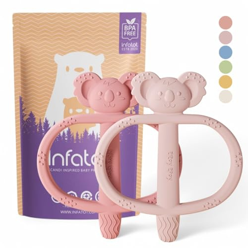 Infatot® Silicone Teething Toys for Baby 2 Pack Koda Koala Bitey – BPA Free Teether for Newborn, Infant & Toddler, Sensory Chew Toy, Easy Hold Hand Teethers 0–6 Months, Teething Relief – Plum & Pink