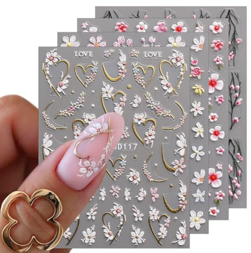 JMEOWIO 3D Nagelsticker Blume Nail Art Sticker Selbstklebend Nagelaufkleber 5D Stereoskopisch Frühling Sommer Floral Dekoration Nageldesign Zubehör 4 Blatt
