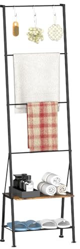 UOMIO Bathroom Towel Ladder with Storage Shelf and Hooks, Free-standing Blanket Ladder 150 CM Towel Holder Racks for Bathroom Living Room Bedroom Laundry Room